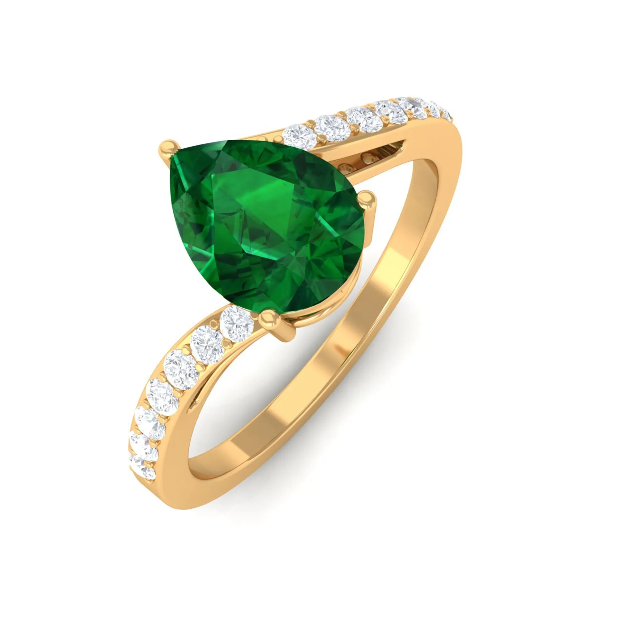 1.25 CT Pear Lab Created Emerald Solitaire Bypass Ring with Diamond