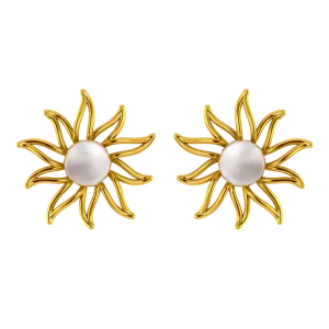 14k Gold Earrings In The Shape Of A Sun With Pearl Design