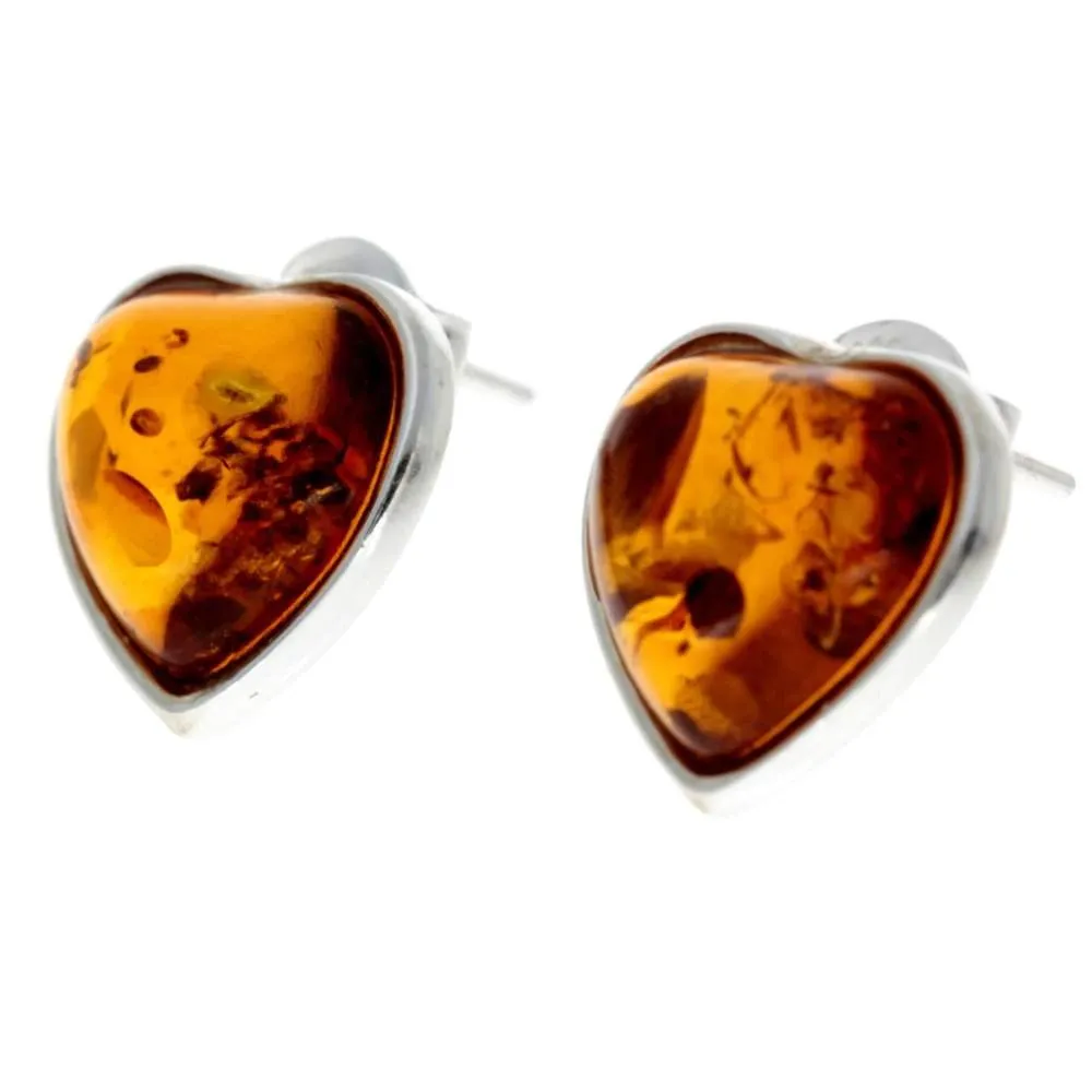 925 Sterling Silver & Genuine Baltic Amber Classic Heart Studs Earrings - GL040