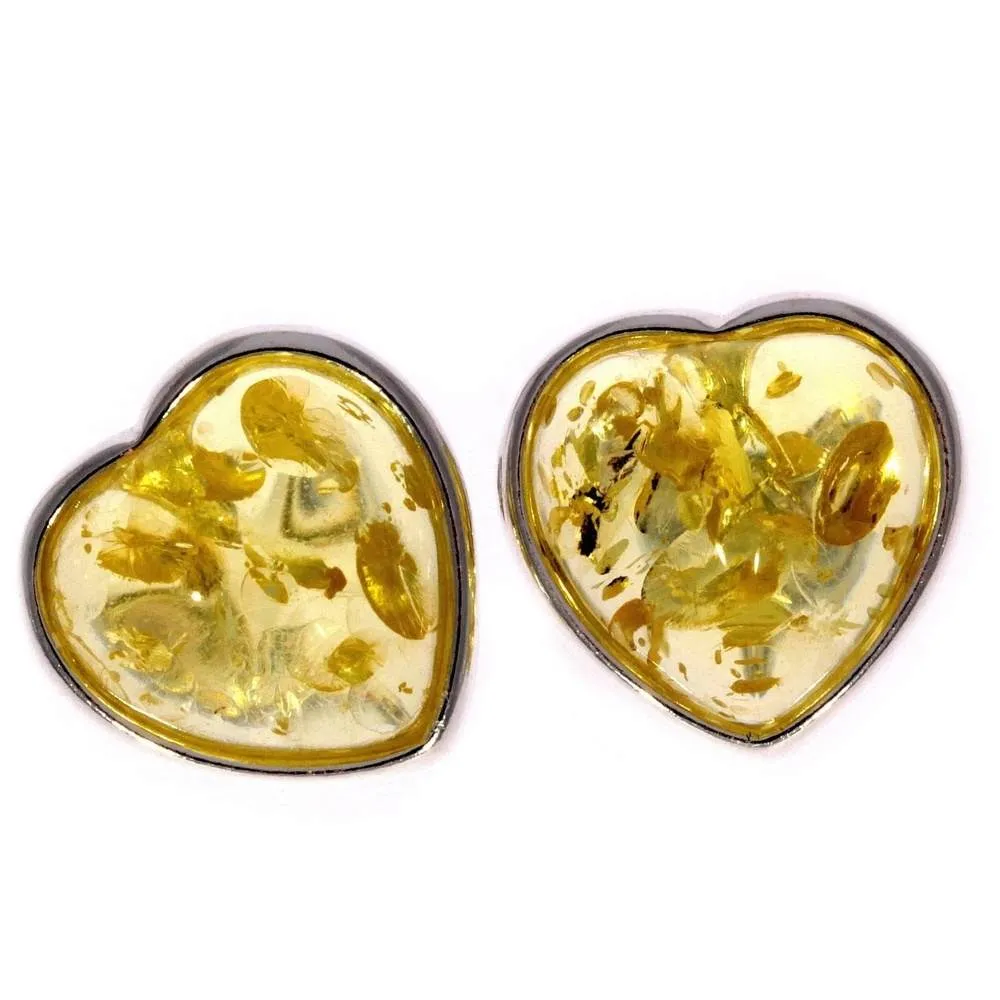 925 Sterling Silver & Genuine Baltic Amber Classic Heart Studs Earrings - GL040