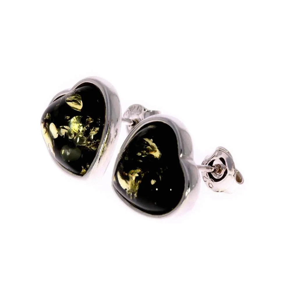 925 Sterling Silver & Genuine Baltic Amber Classic Heart Studs Earrings - GL040