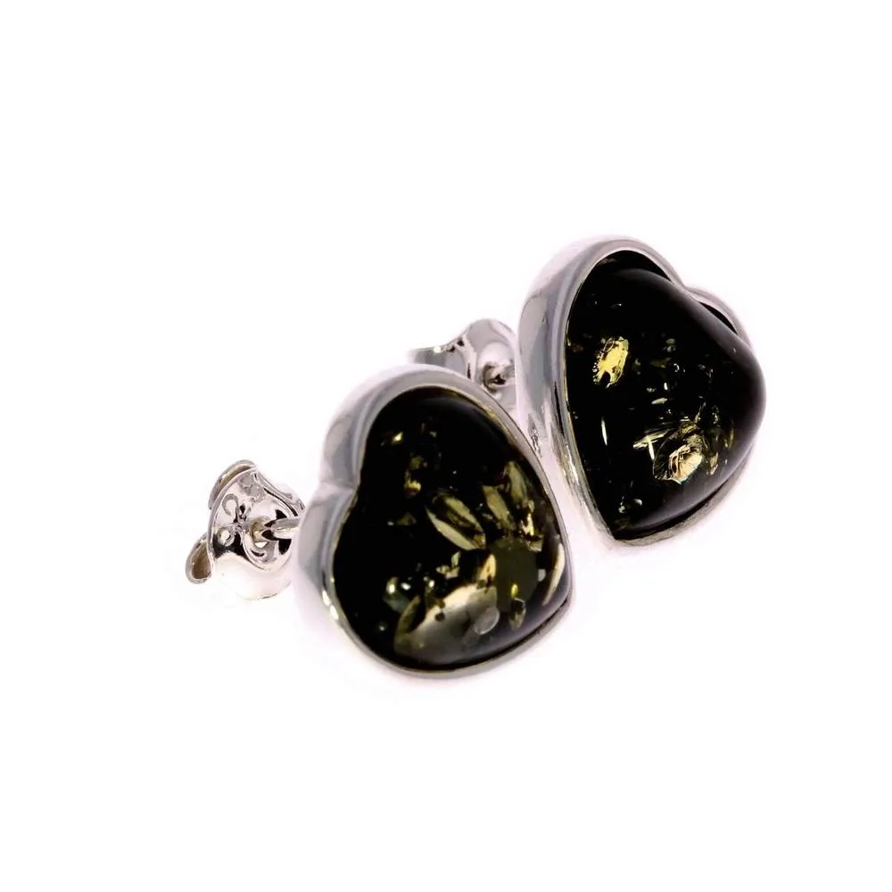 925 Sterling Silver & Genuine Baltic Amber Classic Heart Studs Earrings - GL040