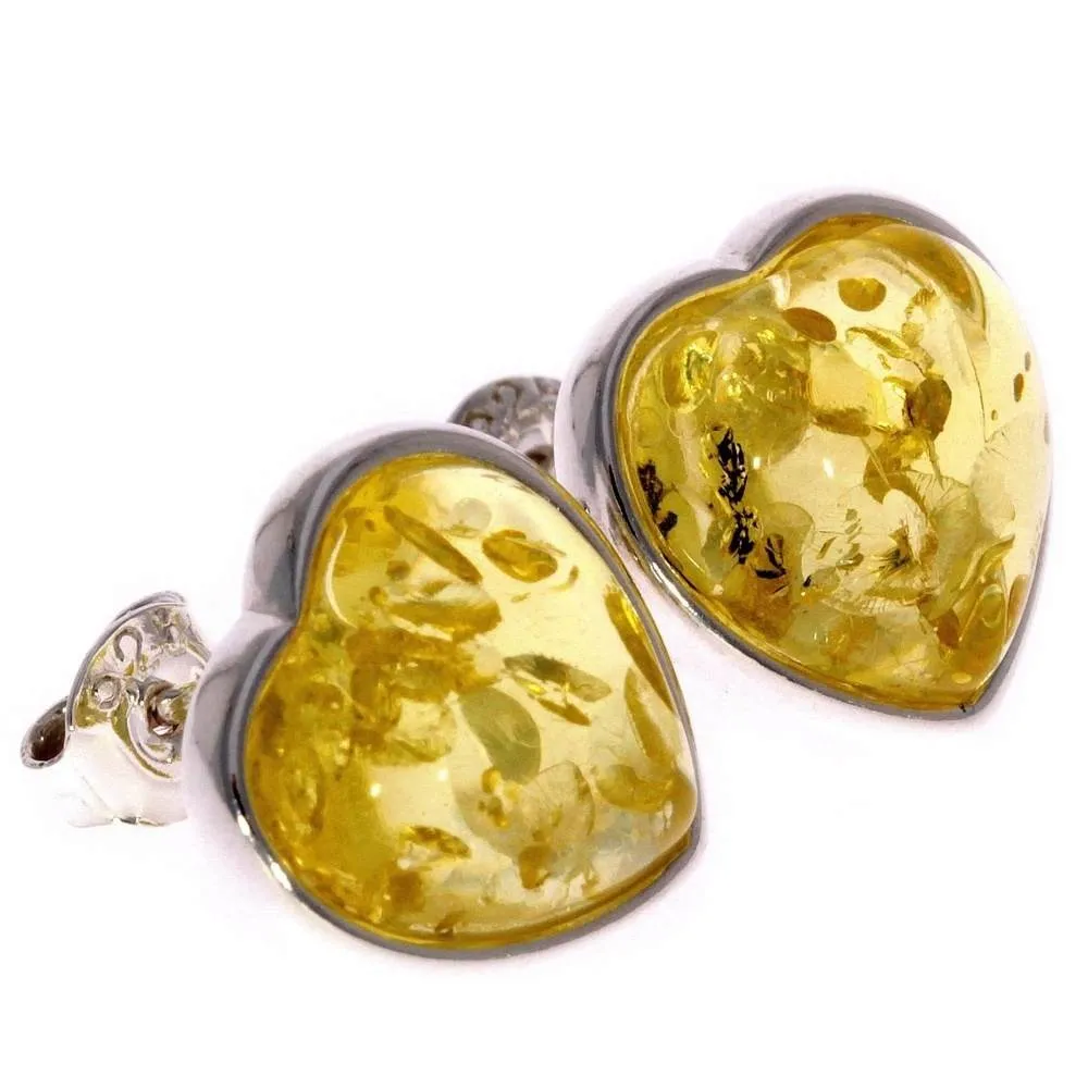 925 Sterling Silver & Genuine Baltic Amber Classic Heart Studs Earrings - GL040