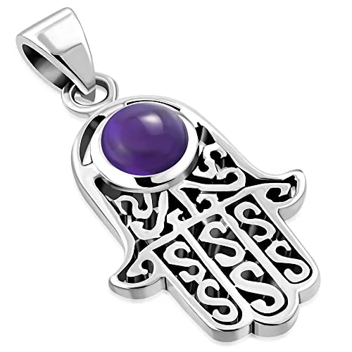 925 Sterling Silver Hamsa Hand Protection Simulated Gemstone Pendant Necklace With Chain