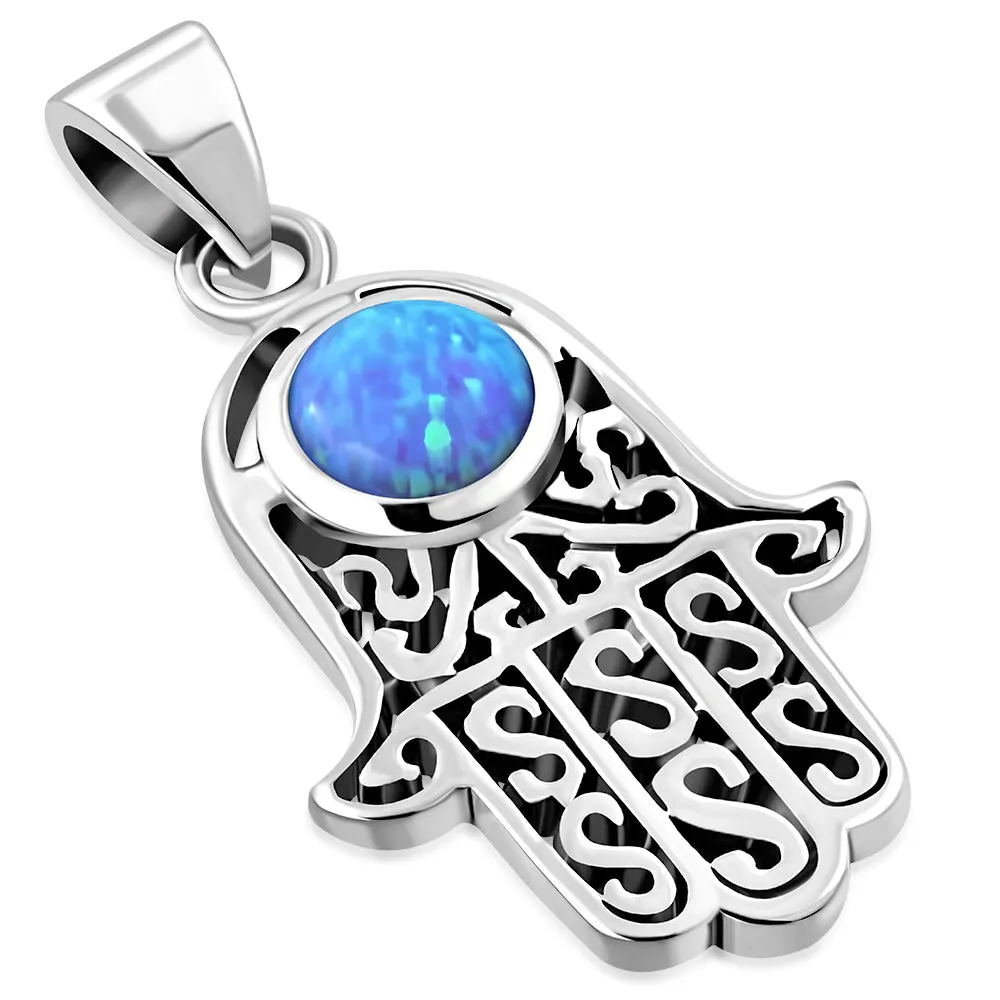 925 Sterling Silver Hamsa Hand Protection Simulated Gemstone Pendant Necklace With Chain