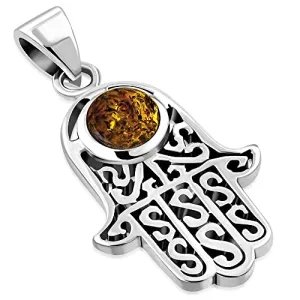 925 Sterling Silver Hamsa Hand Protection Simulated Gemstone Pendant Necklace With Chain