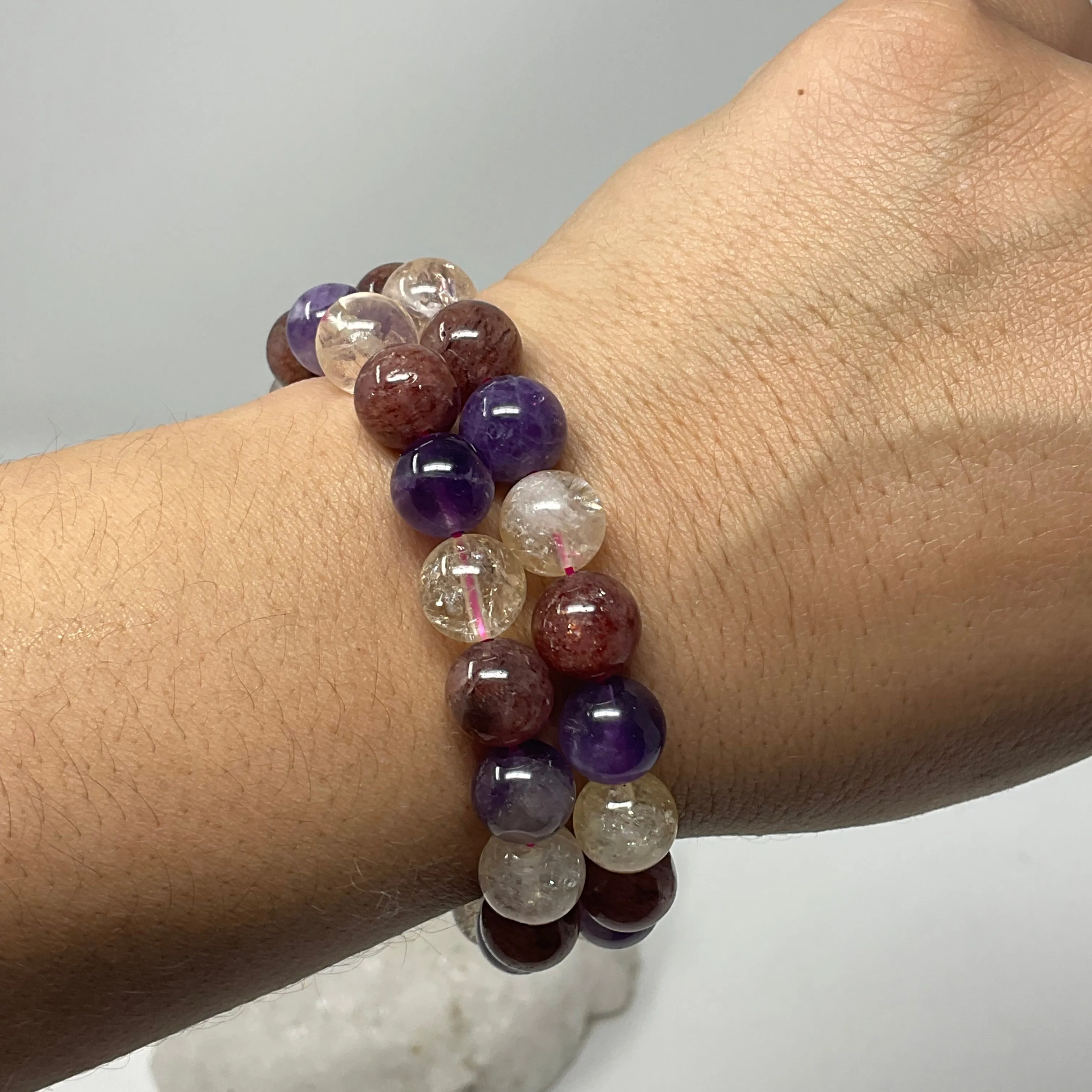 All-Star Quartz "SPECIAL WEEKEND PRICED DEAL ONLY" (Strawberry Quartz, Citrine & Amethyst) 10MM 2-Piece Round Bracelet Set