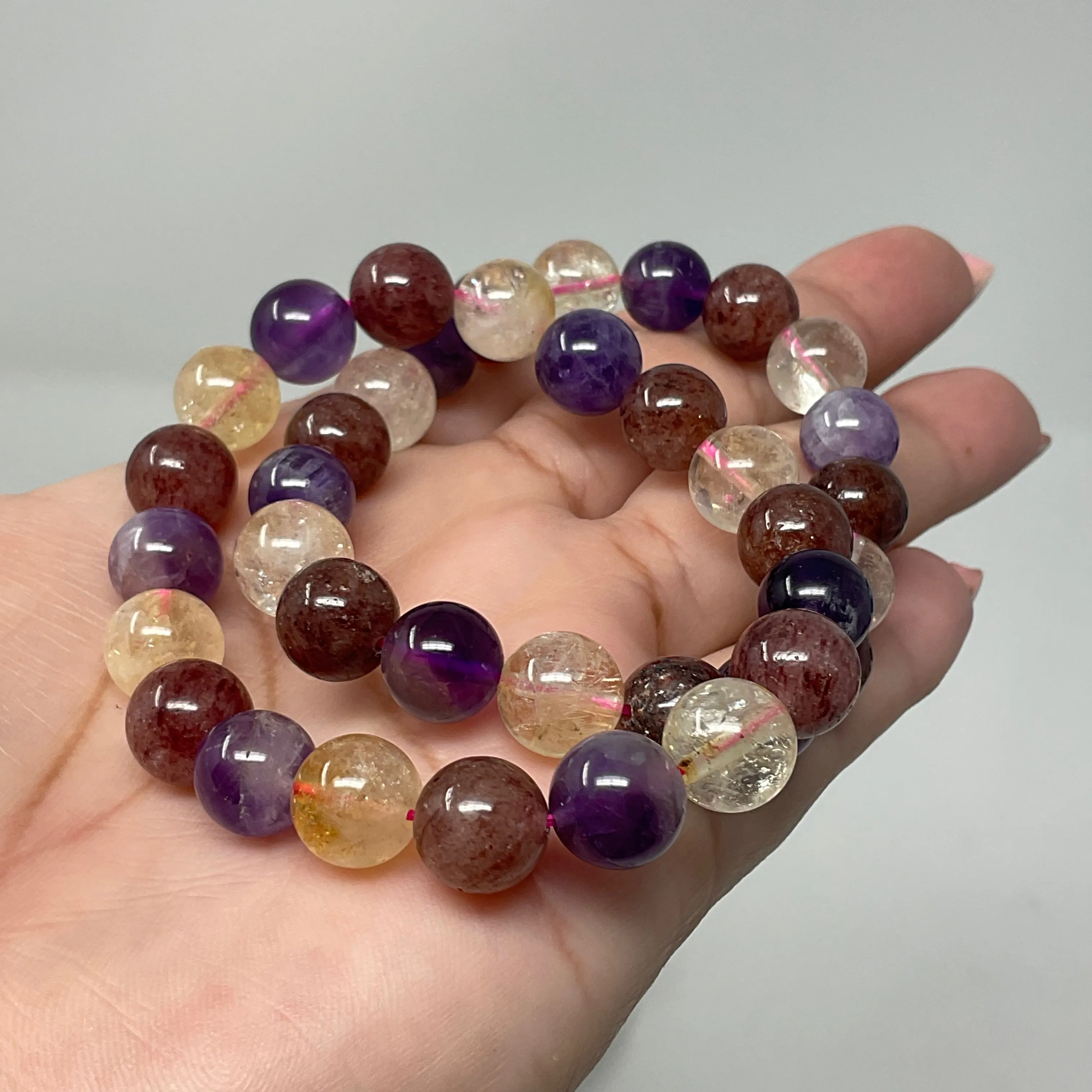 All-Star Quartz "SPECIAL WEEKEND PRICED DEAL ONLY" (Strawberry Quartz, Citrine & Amethyst) 10MM 2-Piece Round Bracelet Set