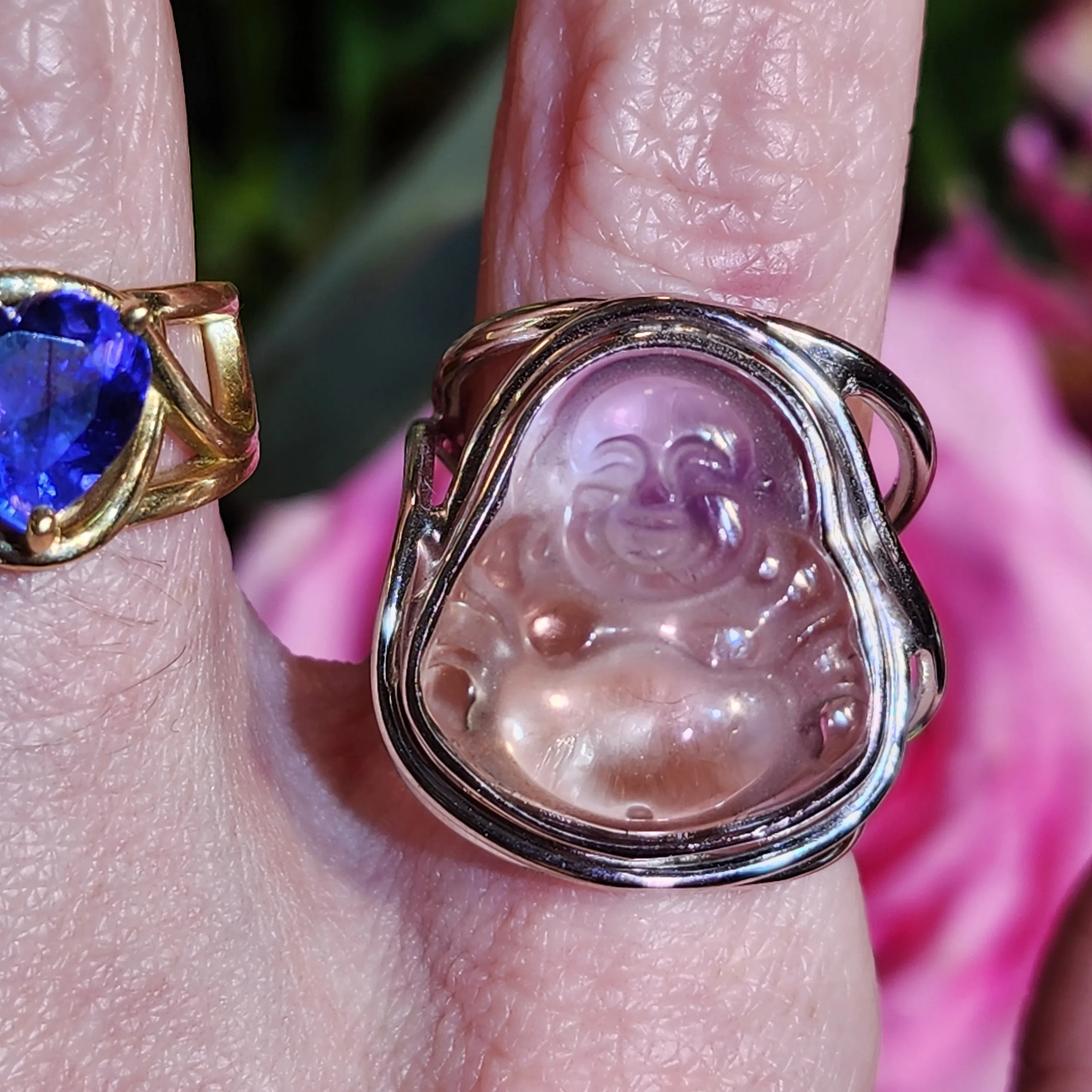Ametrine Buddha Finger Cuff Adjustable Ring .925 Silver for Empowerment and Harmony