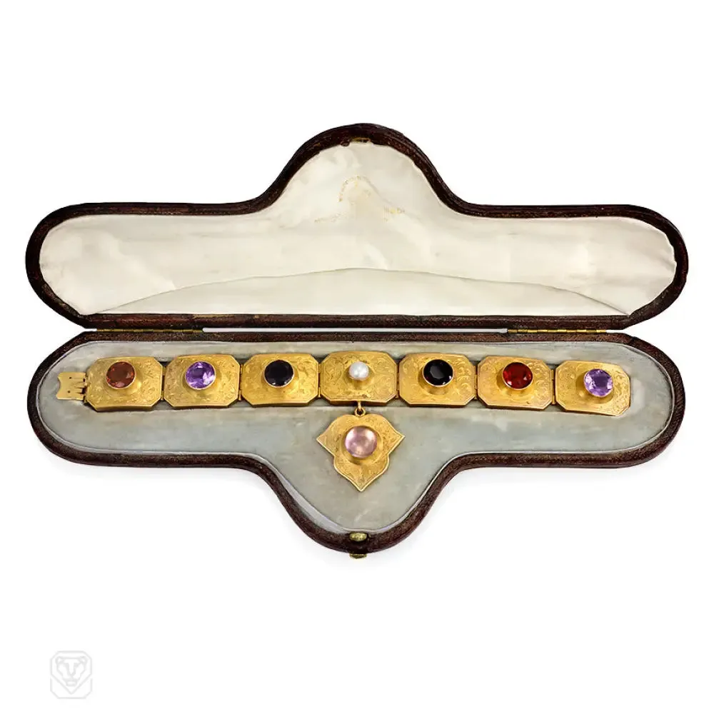 Antique gold and gemset plaque bracelet