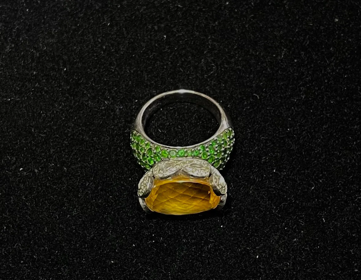 ANTIQUE STYLE 14K WG CITRINE, EMERALDS AND DIAMONDS - $30K APR w/ CoA!