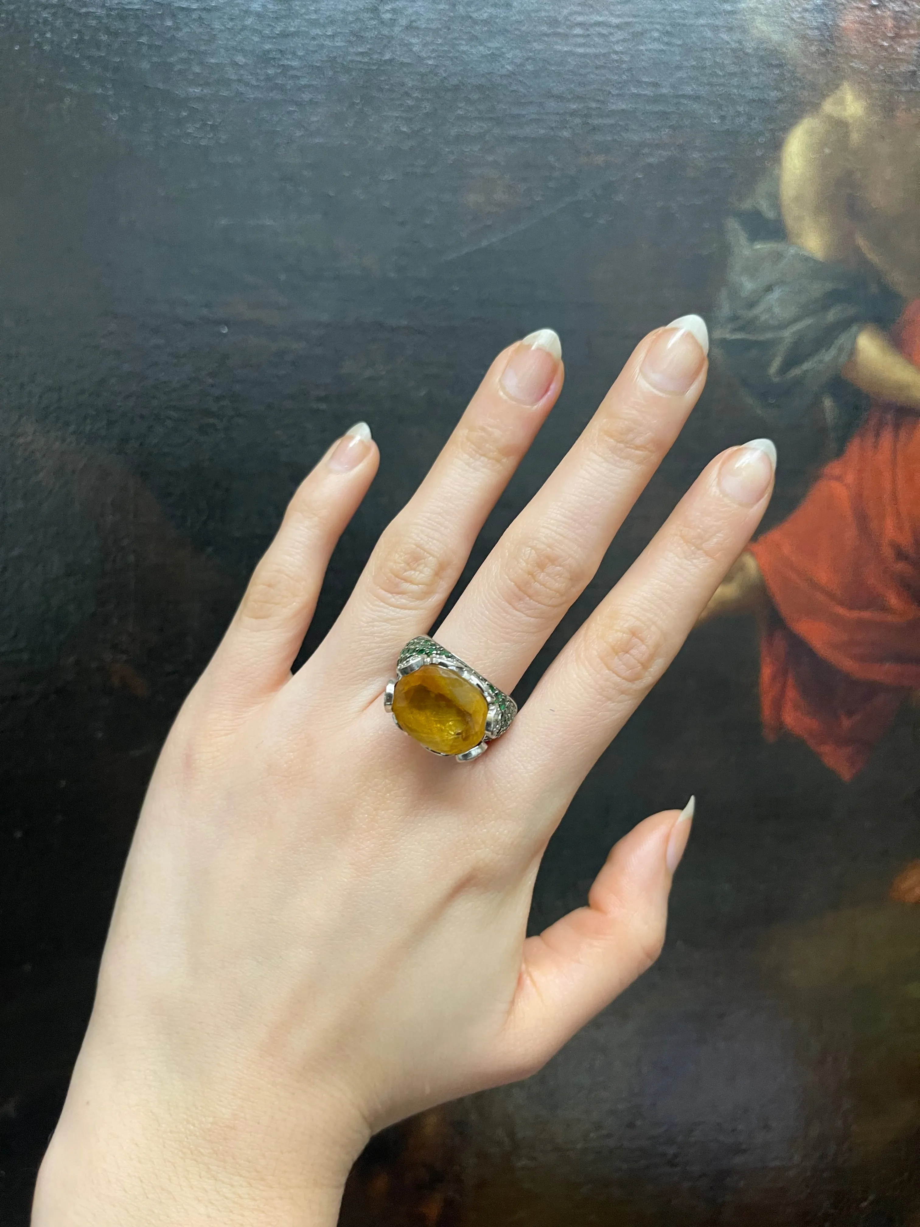 ANTIQUE STYLE 14K WG CITRINE, EMERALDS AND DIAMONDS - $30K APR w/ CoA!