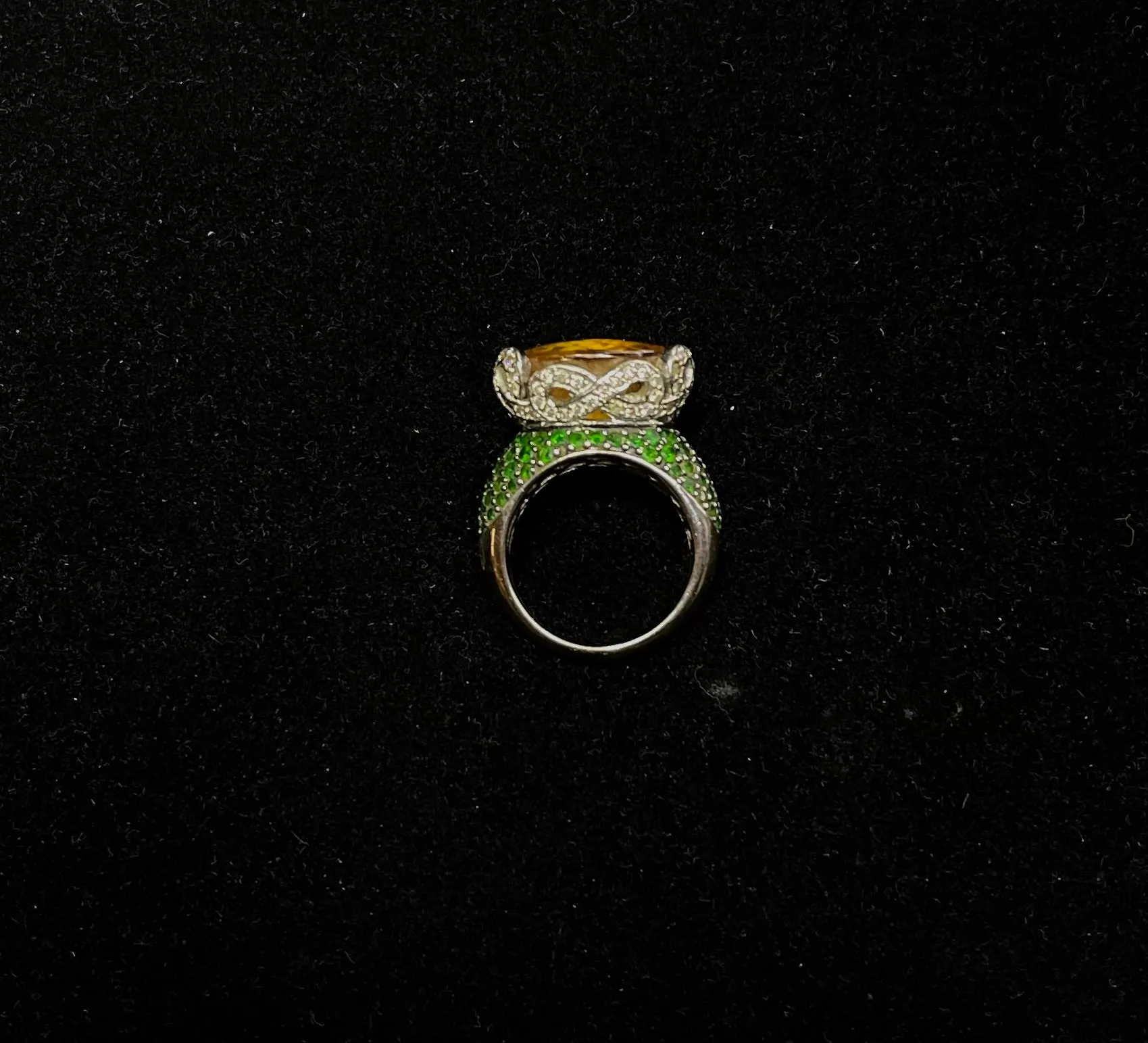 ANTIQUE STYLE 14K WG CITRINE, EMERALDS AND DIAMONDS - $30K APR w/ CoA!