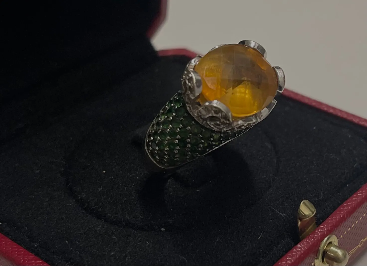 ANTIQUE STYLE 14K WG CITRINE, EMERALDS AND DIAMONDS - $30K APR w/ CoA!