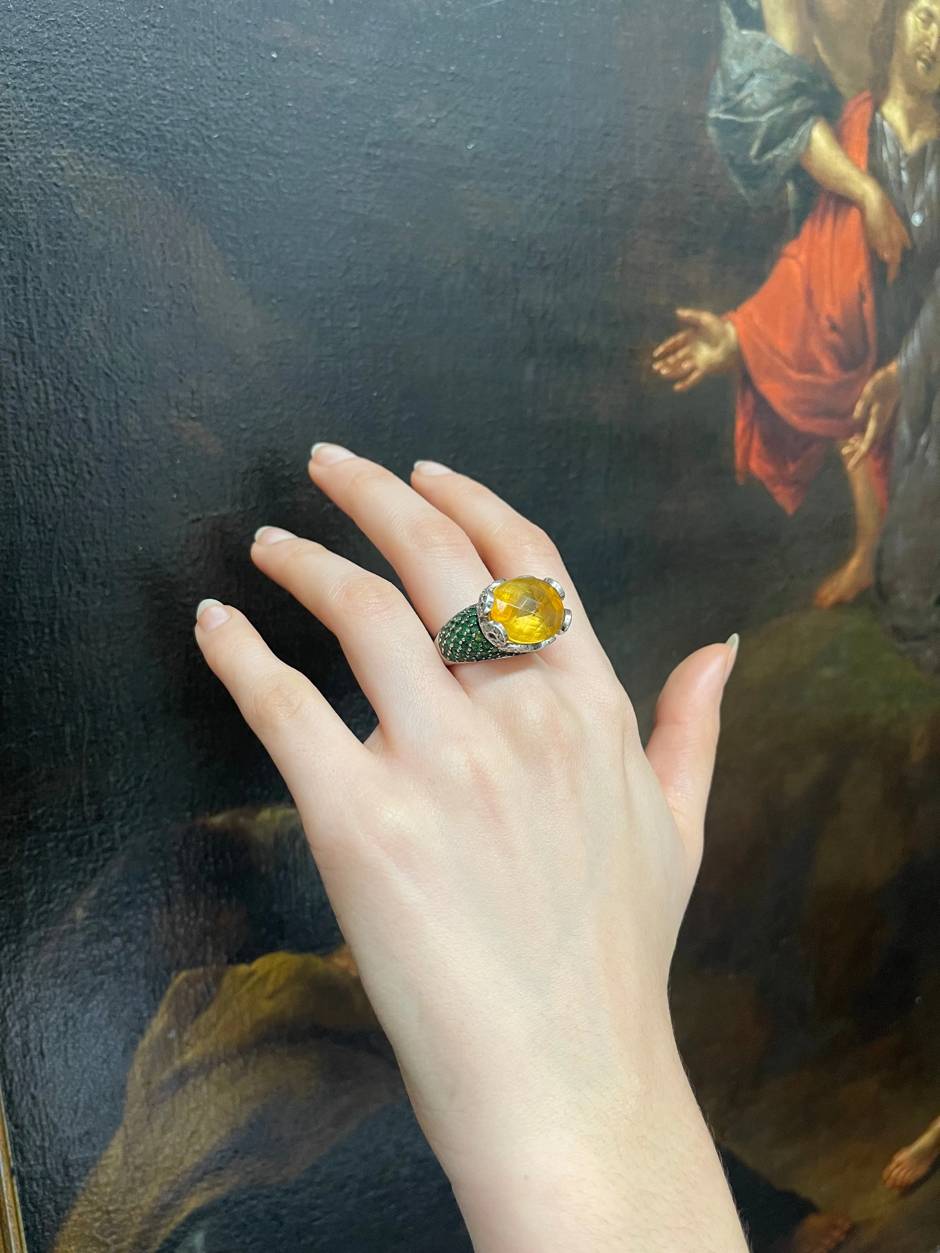 ANTIQUE STYLE 14K WG CITRINE, EMERALDS AND DIAMONDS - $30K APR w/ CoA!