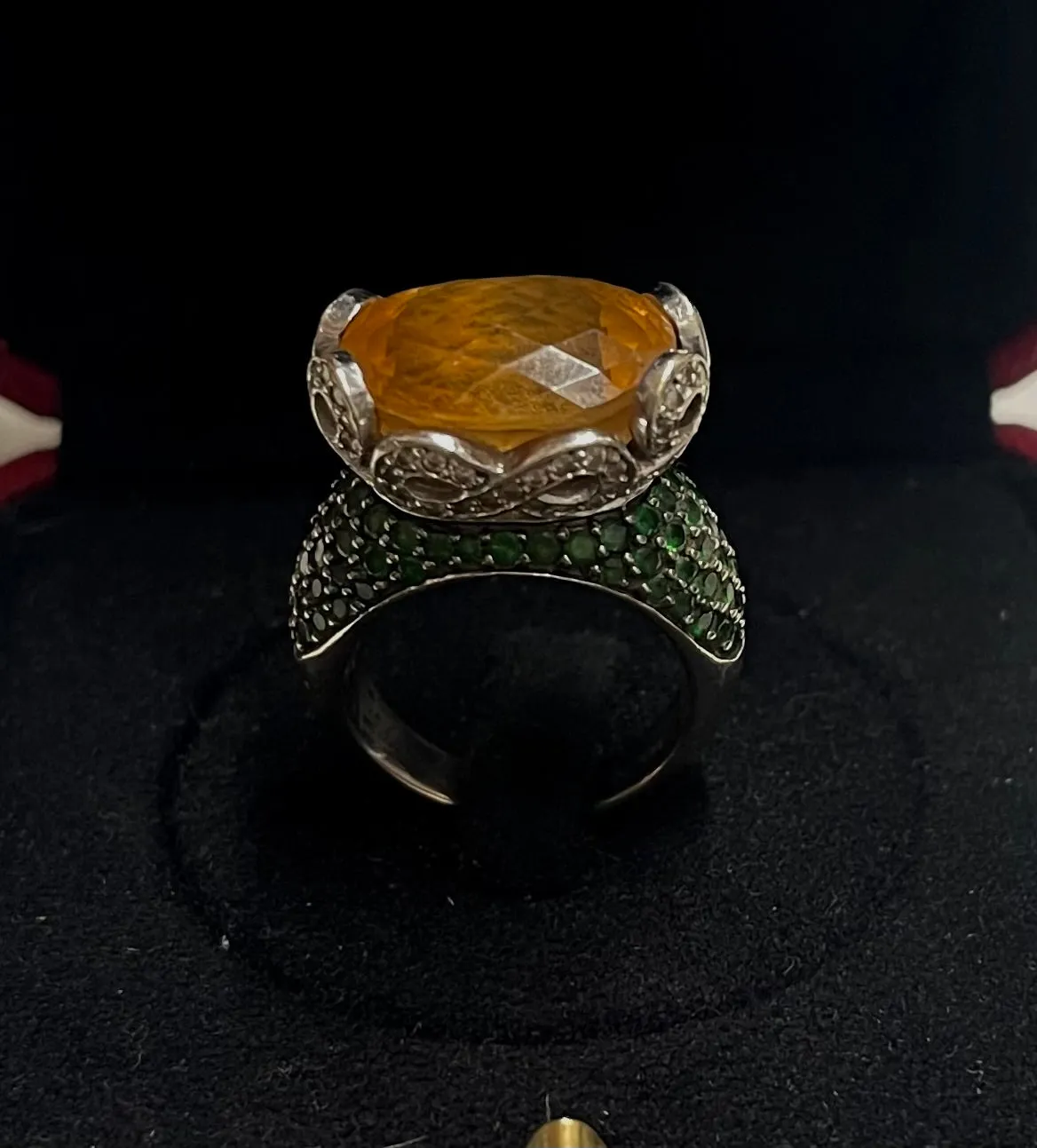 ANTIQUE STYLE 14K WG CITRINE, EMERALDS AND DIAMONDS - $30K APR w/ CoA!