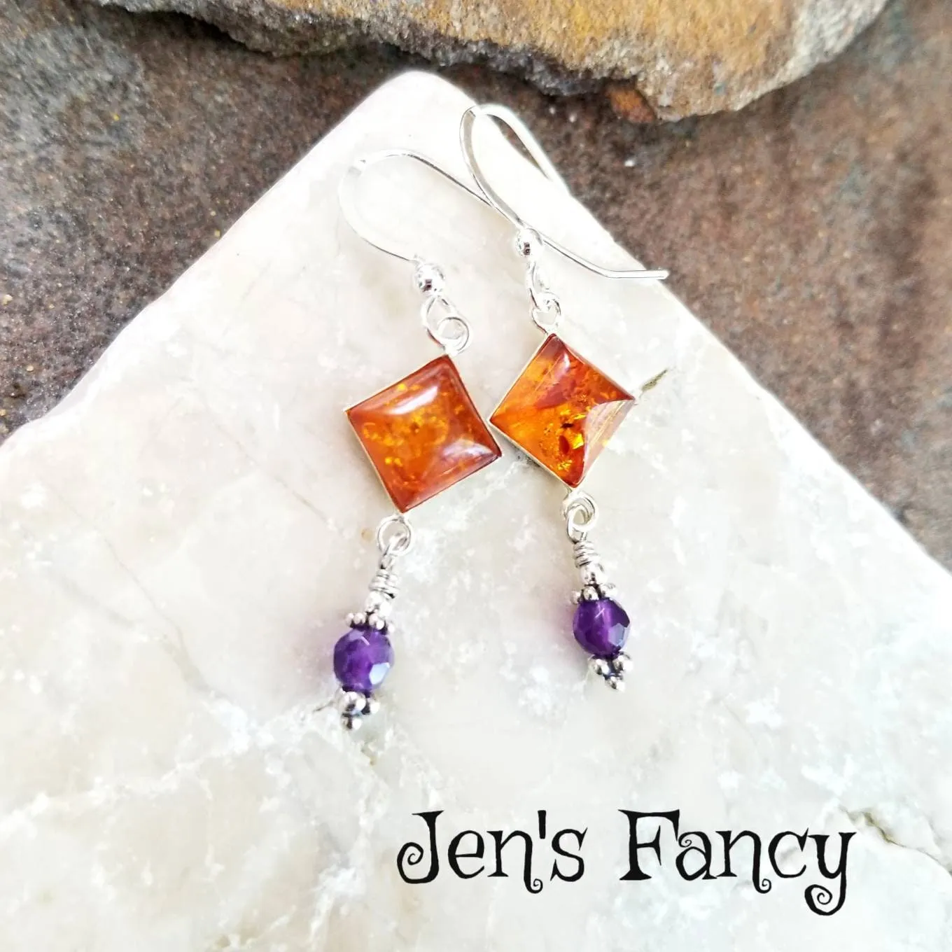 Baltic Amber & Amethyst Natural Gemstone Earrings