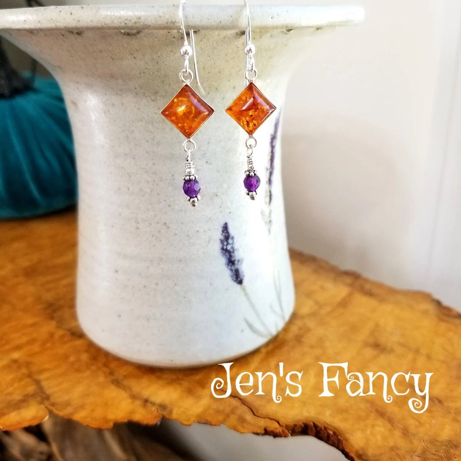 Baltic Amber & Amethyst Natural Gemstone Earrings