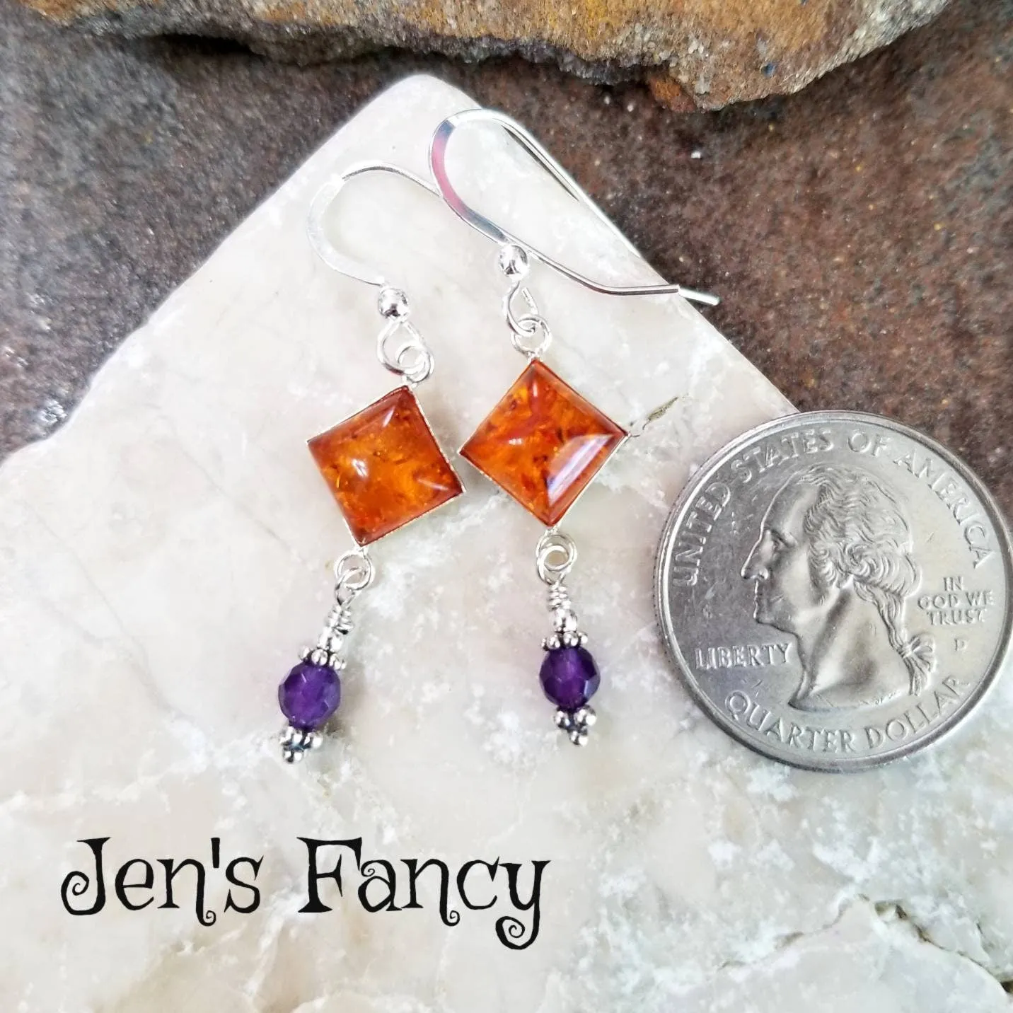 Baltic Amber & Amethyst Natural Gemstone Earrings