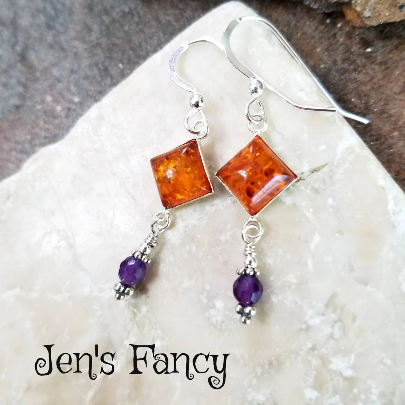 Baltic Amber & Amethyst Natural Gemstone Earrings