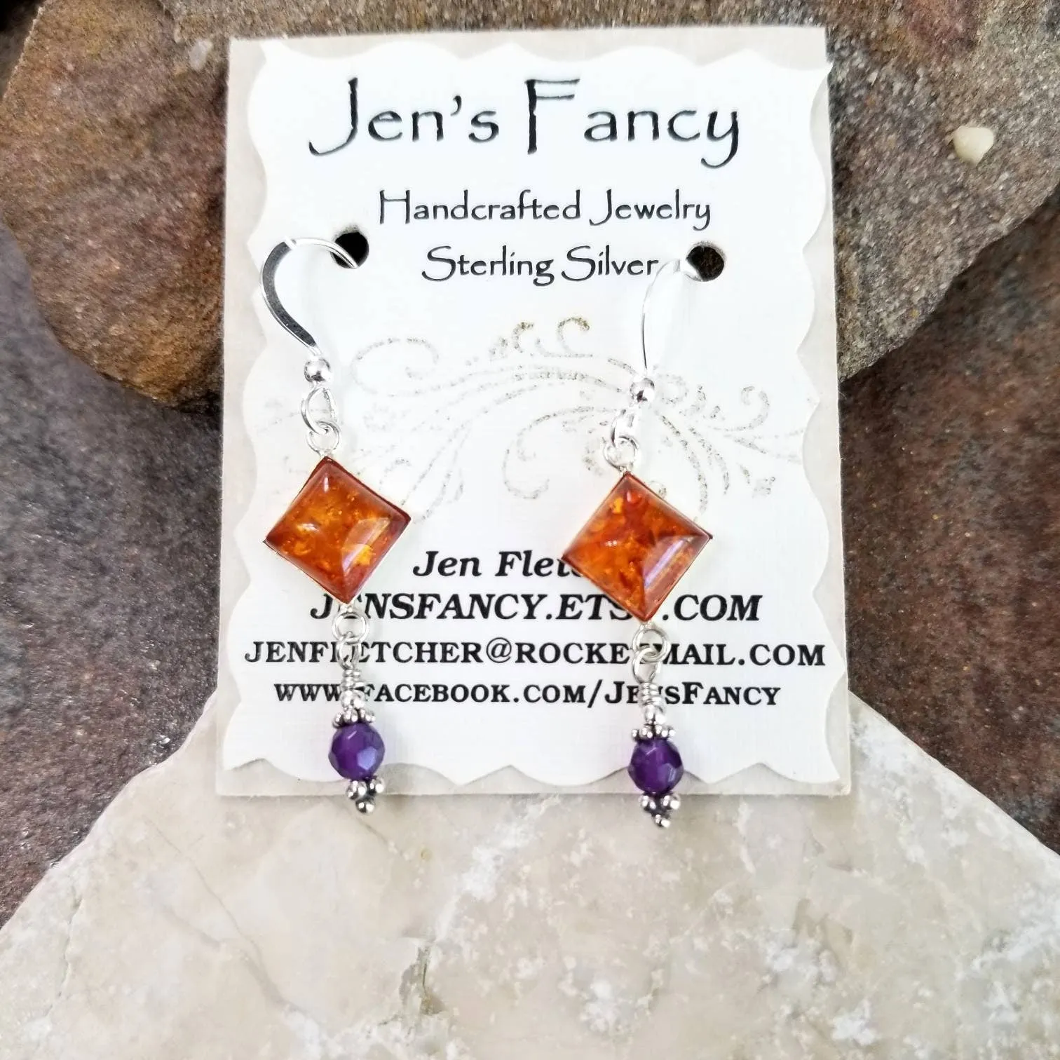 Baltic Amber & Amethyst Natural Gemstone Earrings