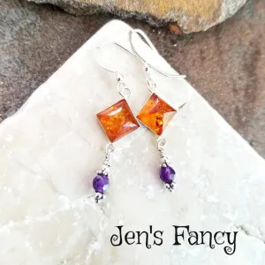 Baltic Amber & Amethyst Natural Gemstone Earrings
