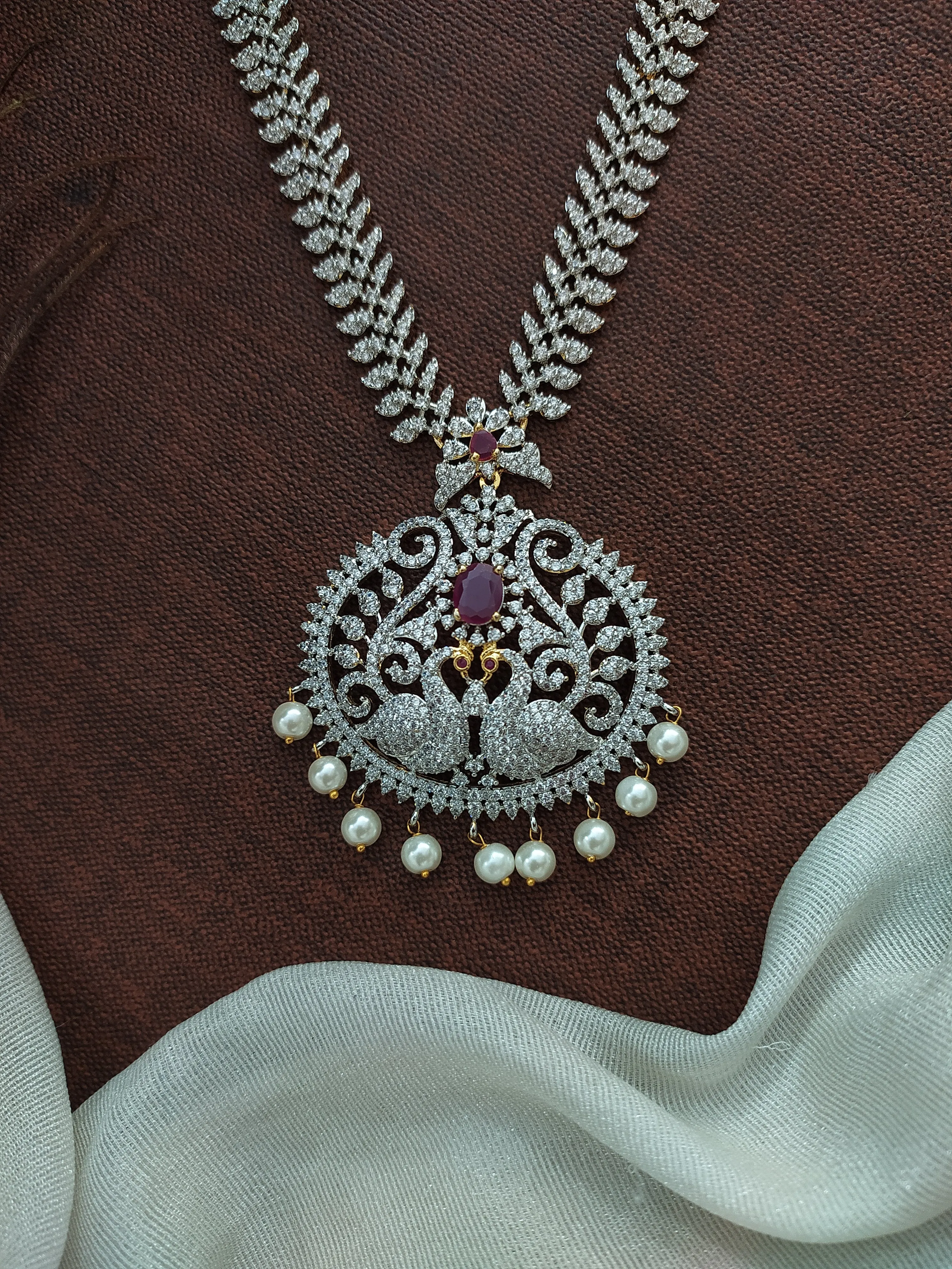 Dual Toned Majesty Of Gold & Silver Plated Peacock Pendant Zircon Haram Set