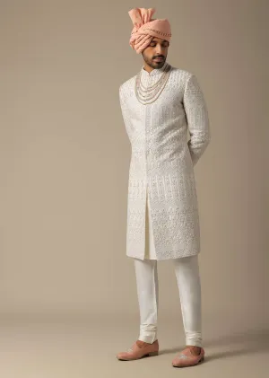 Exquisite White Silk Sherwani Set