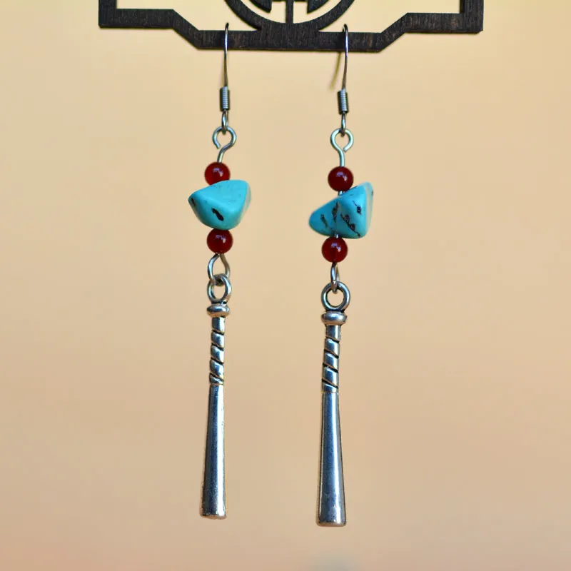 Female Turquoise Earrings Ancient Earrings Tibetan Miao Silver Exotic Ethnic Minority Simple Daily Earrings