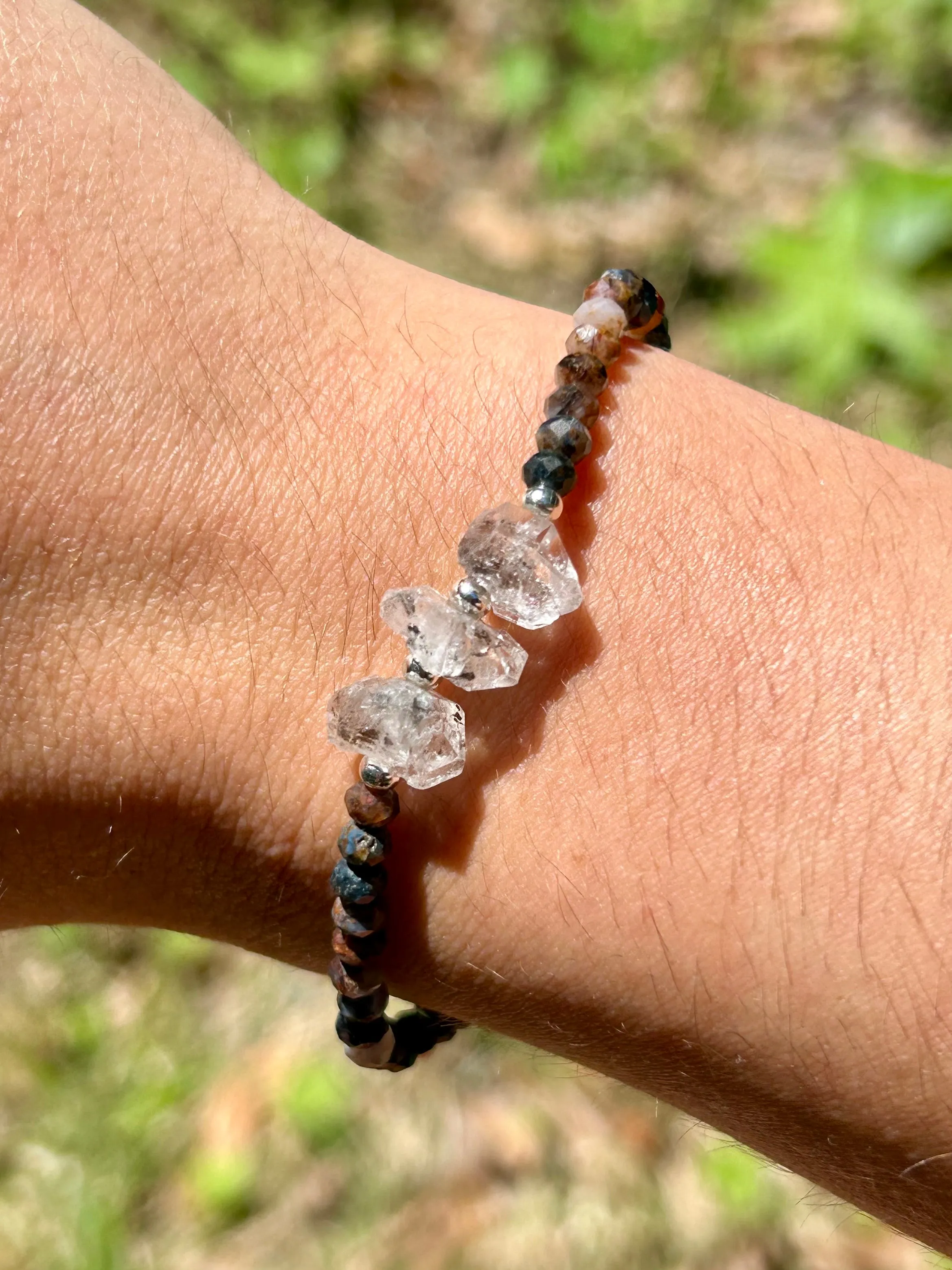Genuine Herkimer Diamond Gemstone Beaded Bracelet with 925 Sterling Silver Spacer Beads (Iolite/Pietersite/Alalite/Topaz/Rhodonite)