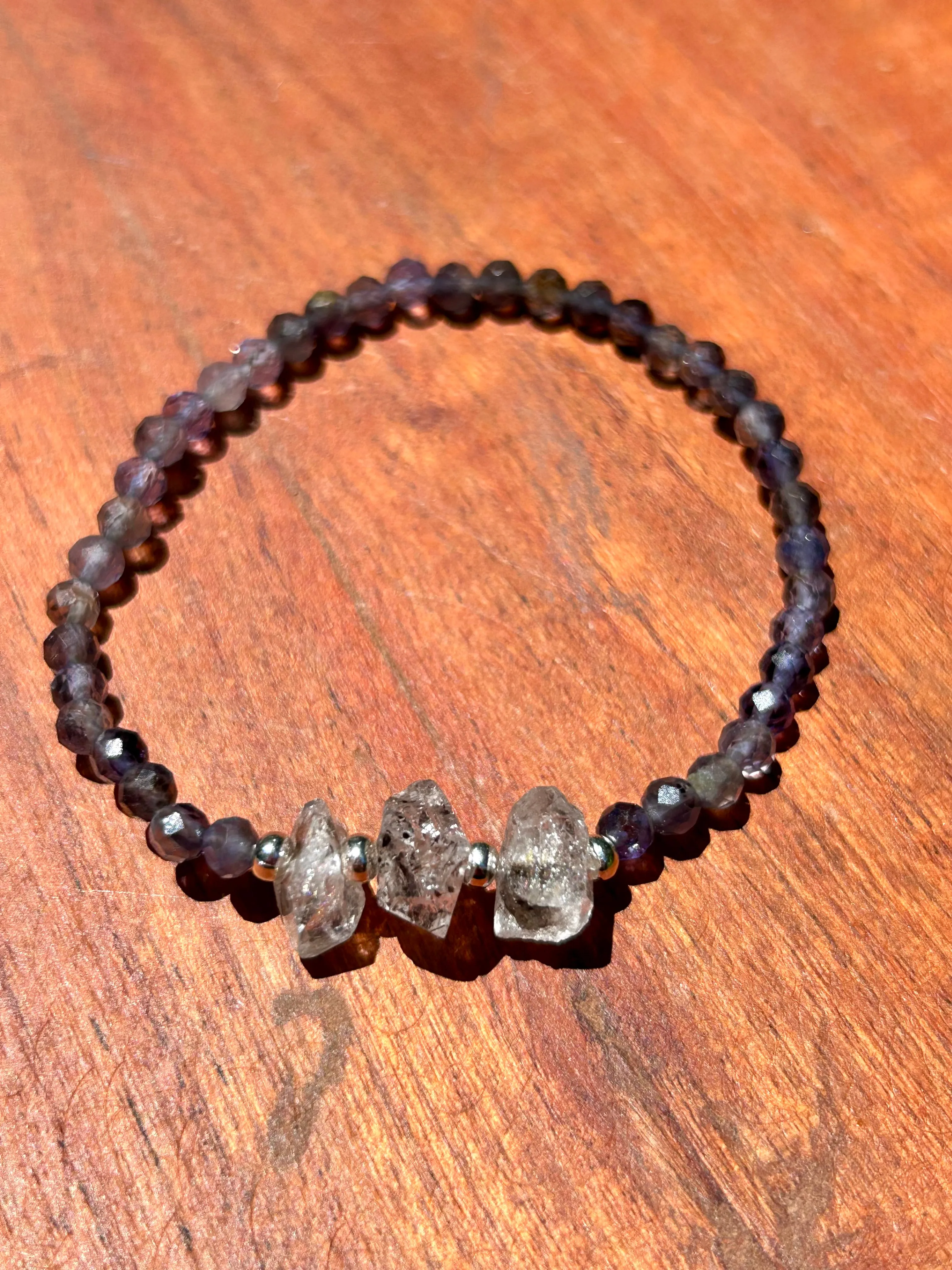 Genuine Herkimer Diamond Gemstone Beaded Bracelet with 925 Sterling Silver Spacer Beads (Iolite/Pietersite/Alalite/Topaz/Rhodonite)