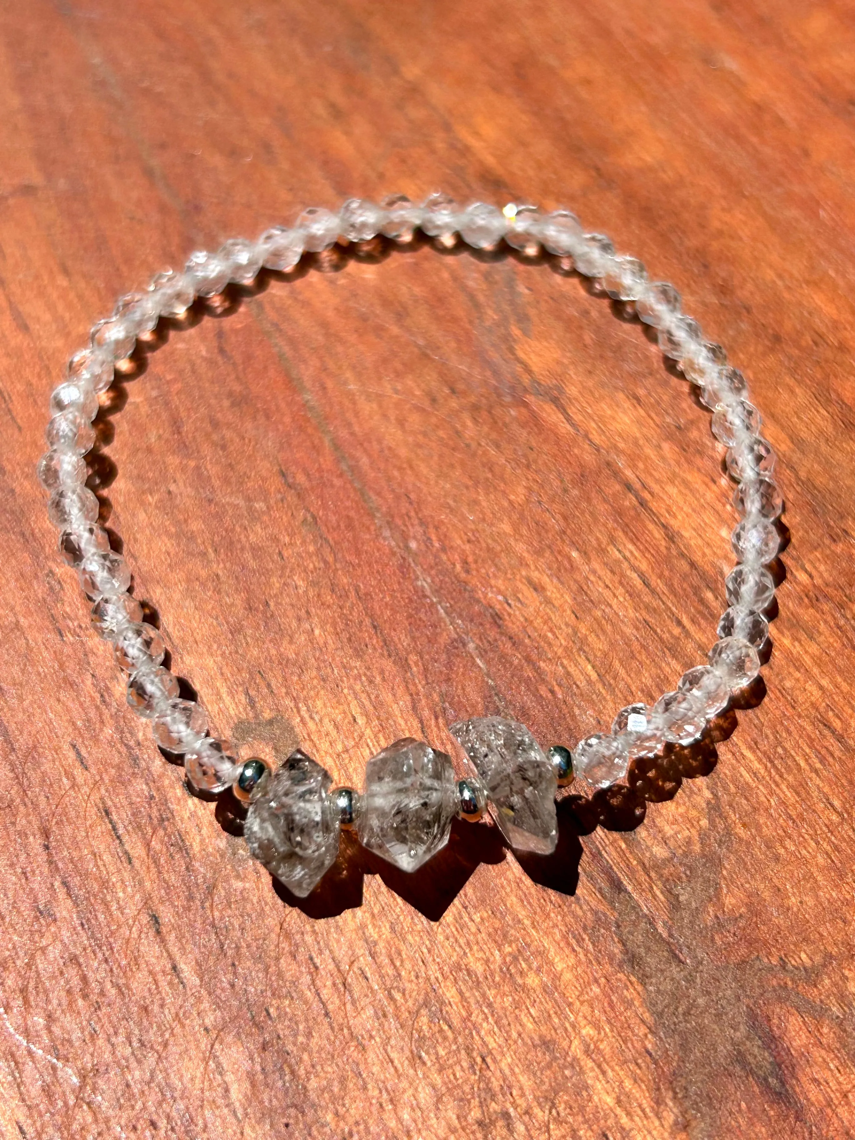 Genuine Herkimer Diamond Gemstone Beaded Bracelet with 925 Sterling Silver Spacer Beads (Iolite/Pietersite/Alalite/Topaz/Rhodonite)