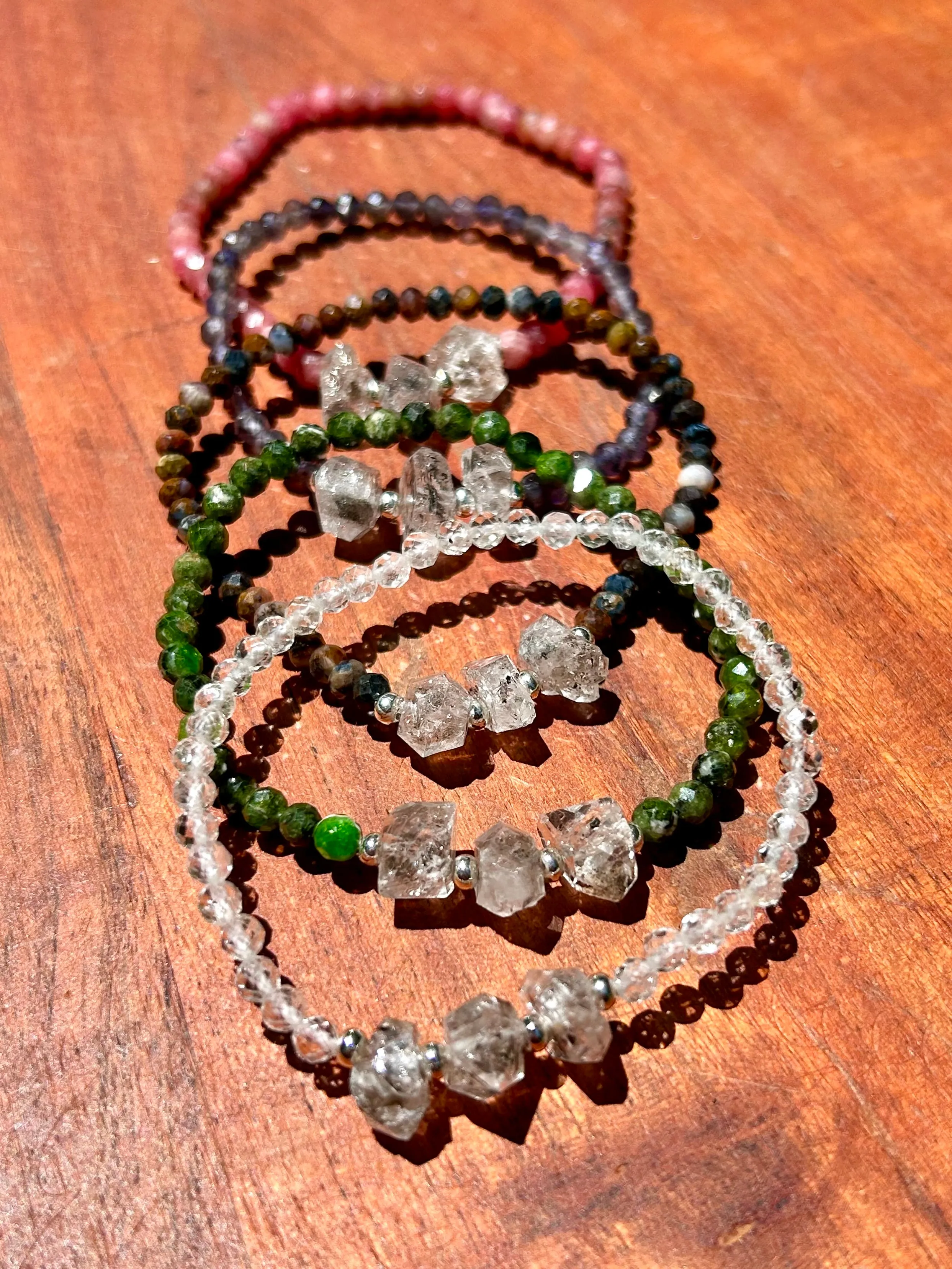 Genuine Herkimer Diamond Gemstone Beaded Bracelet with 925 Sterling Silver Spacer Beads (Iolite/Pietersite/Alalite/Topaz/Rhodonite)