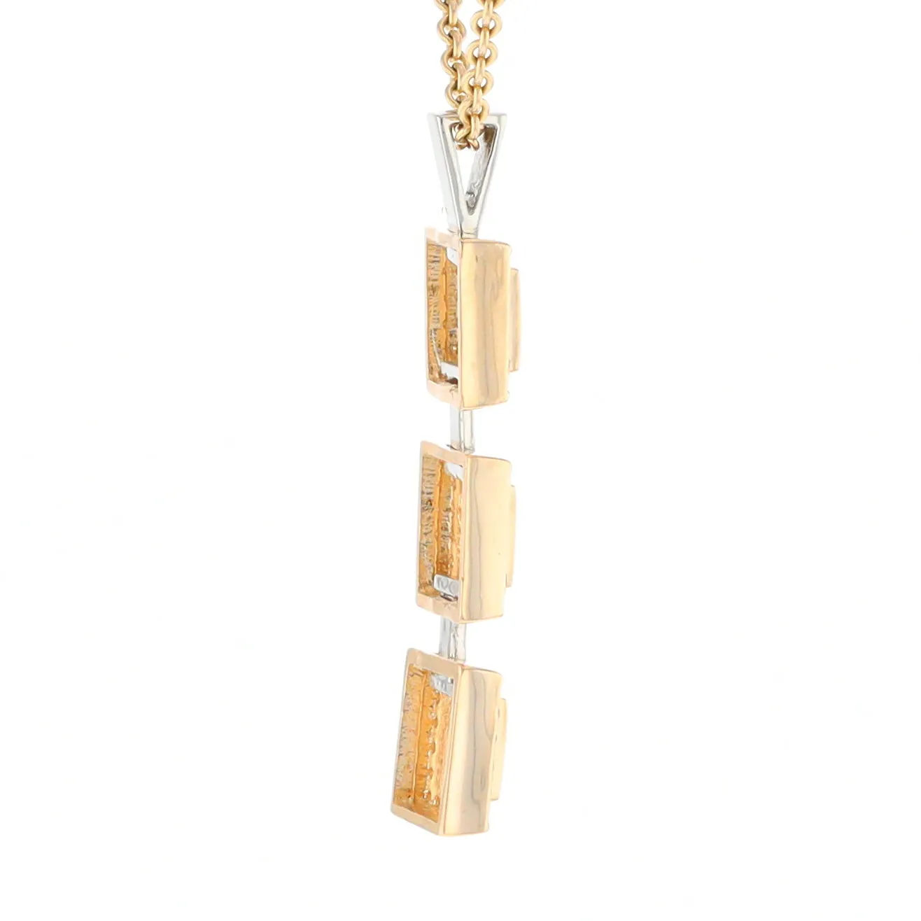 Gold Quartz Necklace, 3 Squared Inlaid Design, .42ctw Diamond Halo Drop Pendant