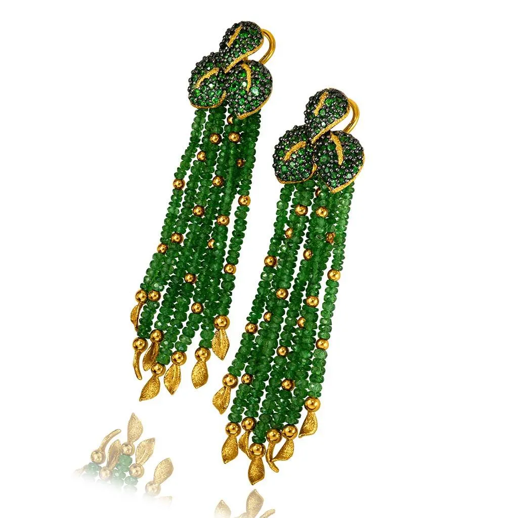 Gold Sunflower Leaf Tassel Earrings with Tsavorites