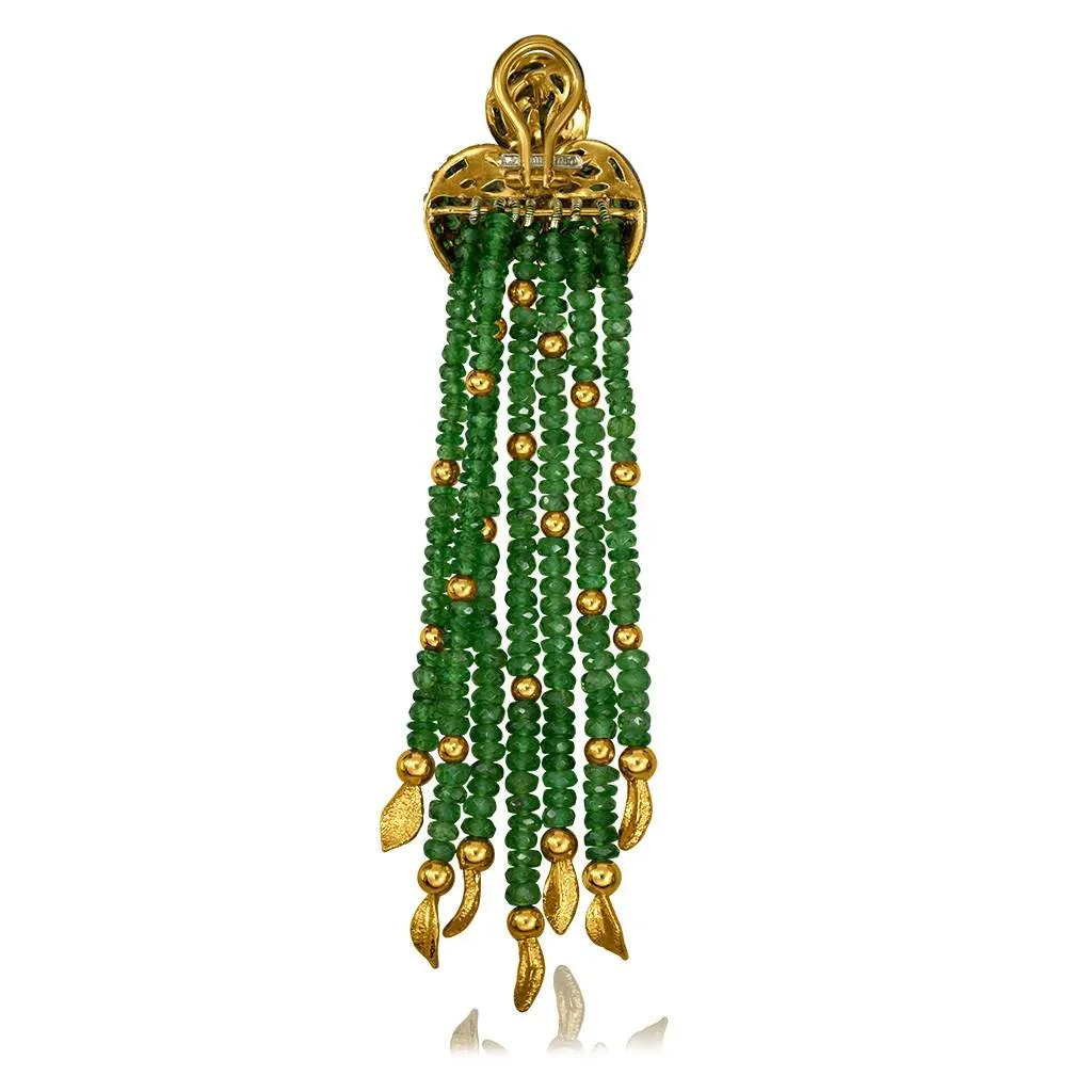 Gold Sunflower Leaf Tassel Earrings with Tsavorites
