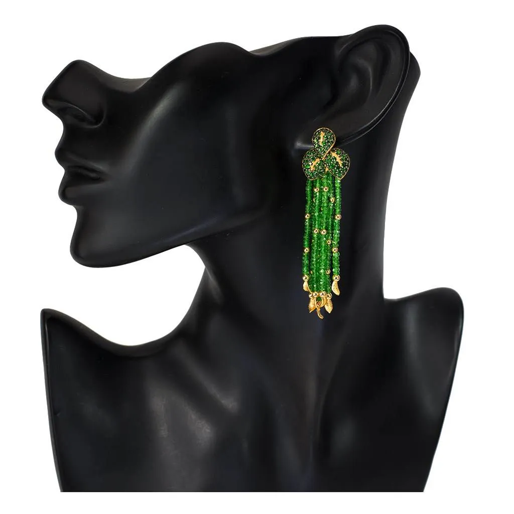 Gold Sunflower Leaf Tassel Earrings with Tsavorites