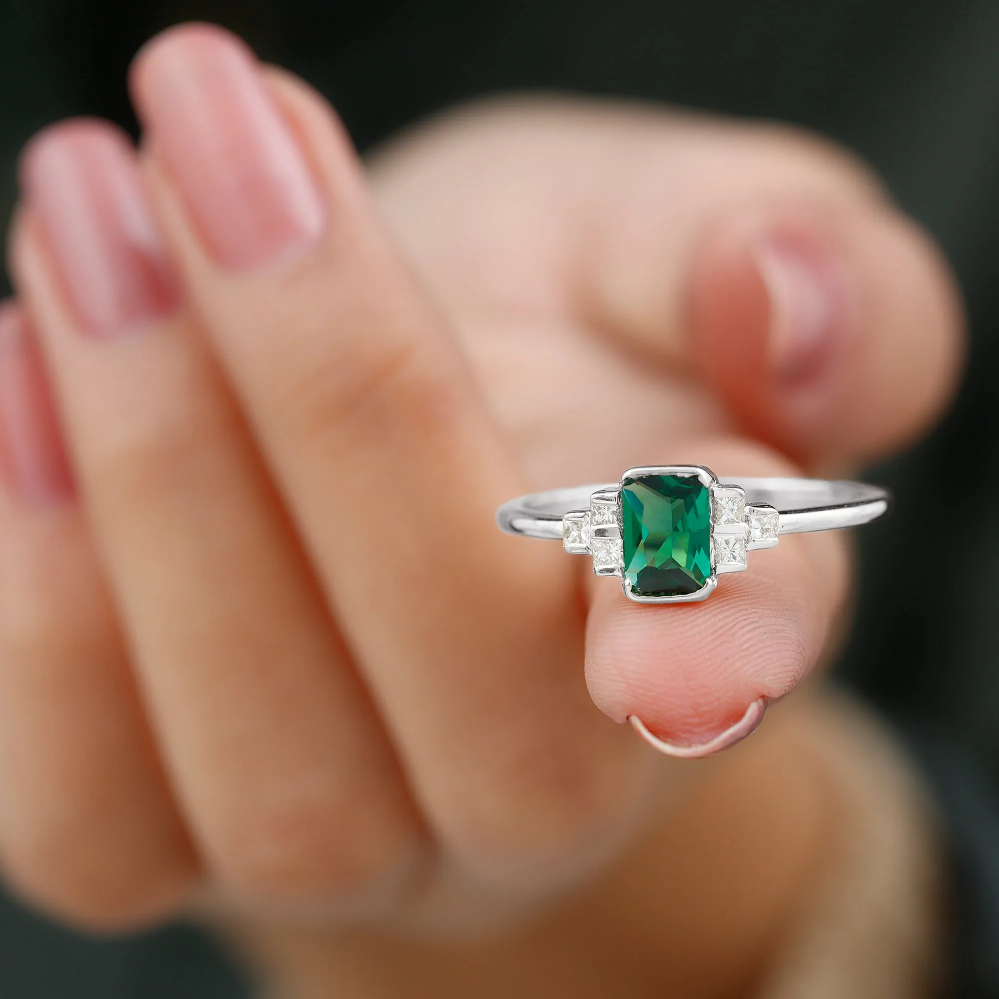 Half Bezel Set Lab Grown Emerald and Diamond Engagement Ring