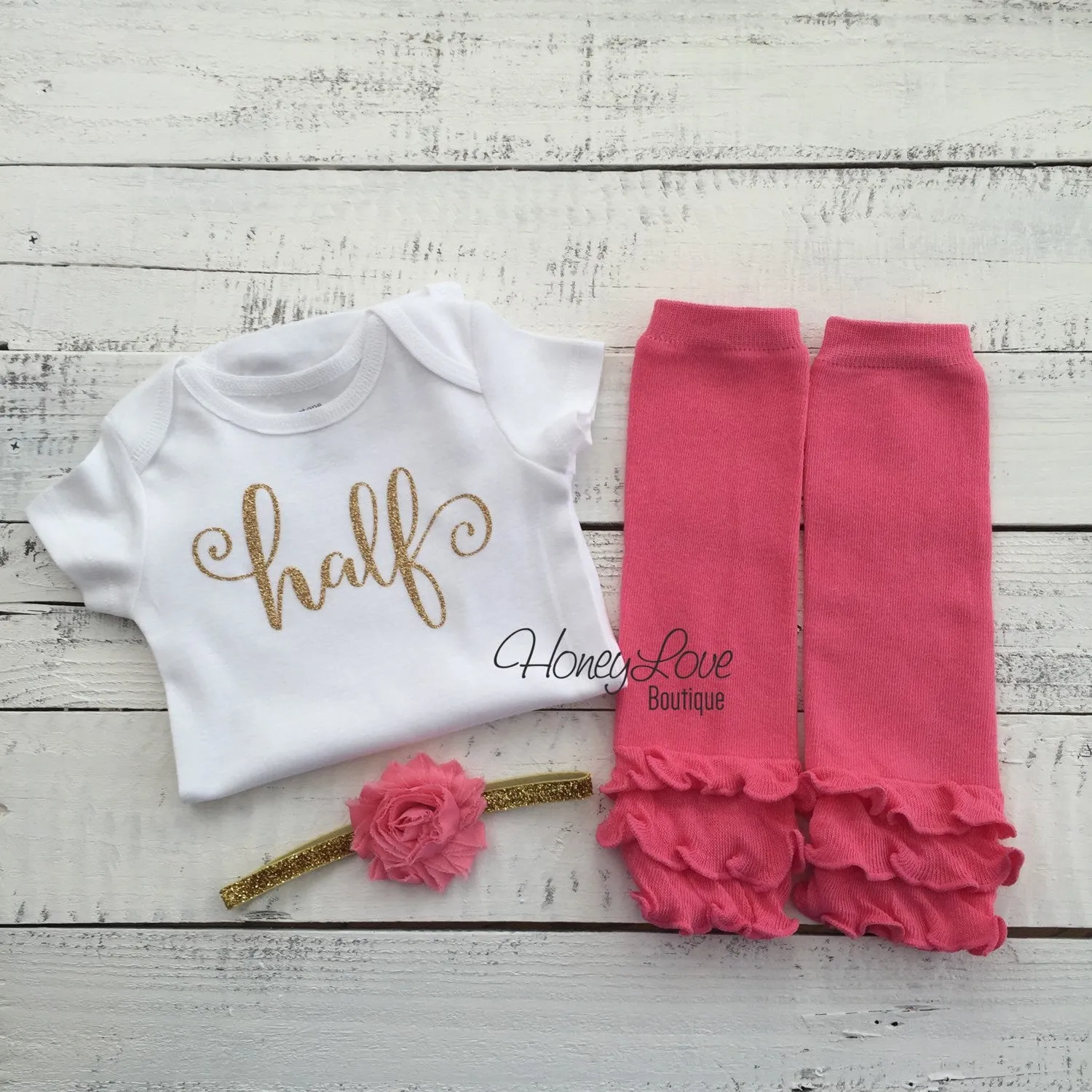 Half Birthday Outfit - Gold Glitter and Coral Pink Leg Warmers