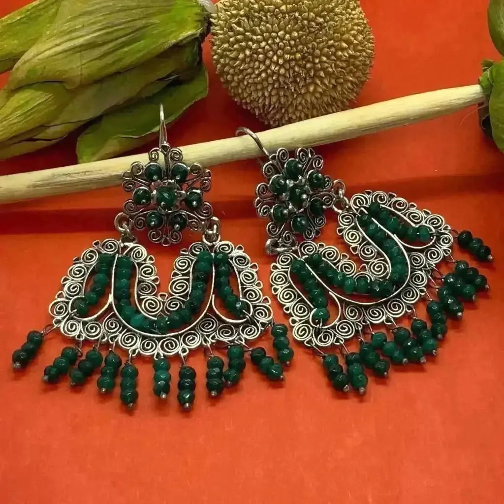 Mexican Oaxacan silver filigree earrings with green stones