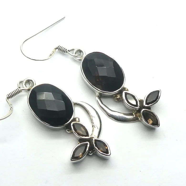 Smoky Quartz Earrings, multiple Faceted Stones, 925 Silver