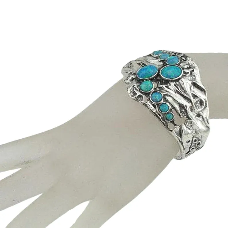 Solid Wide Sterling Silver Blue Opal Cuff Bracelet Made in Israel Fine Israeli Jewelry