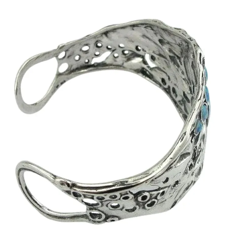 Solid Wide Sterling Silver Blue Opal Cuff Bracelet Made in Israel Fine Israeli Jewelry