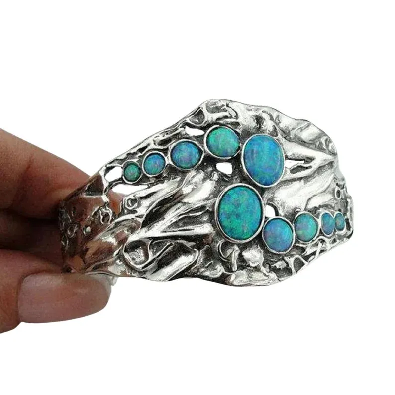 Solid Wide Sterling Silver Blue Opal Cuff Bracelet Made in Israel Fine Israeli Jewelry