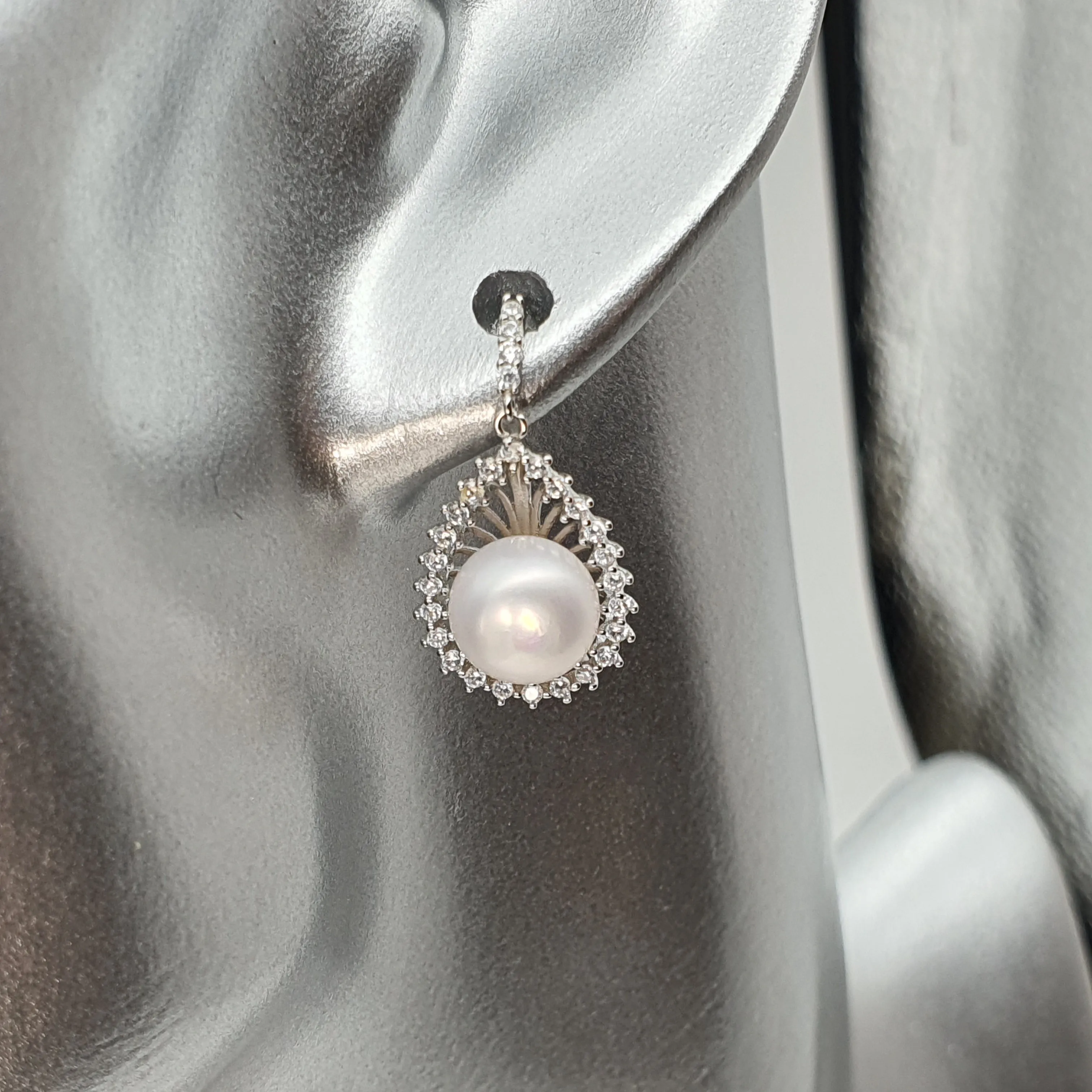 Sparkling Teardrop Halo Freshwater Pearl Stud Earrings, Sterling Silver