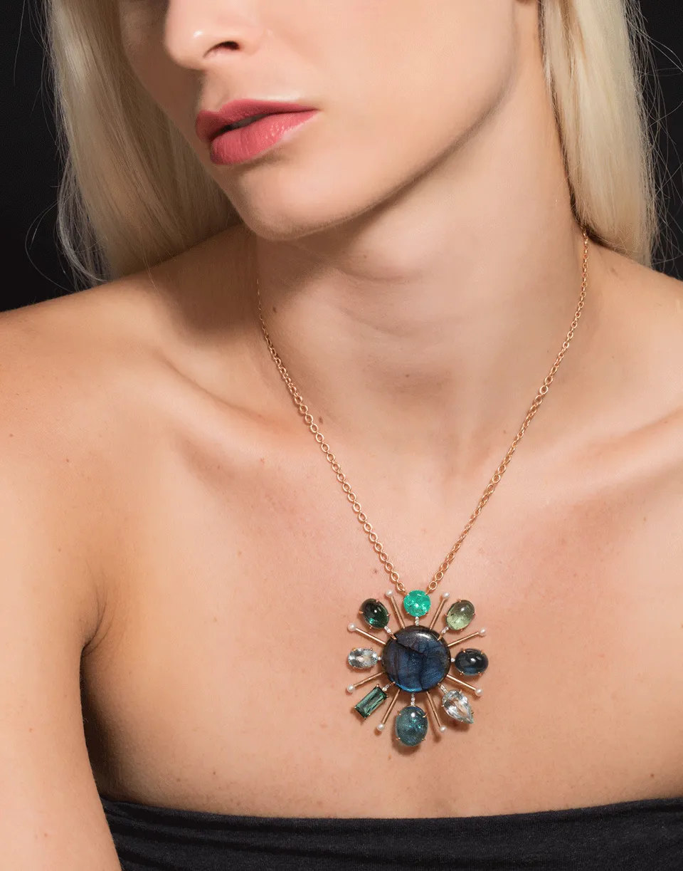 Tourmaline Labradorite And Emerald Pendant Necklace