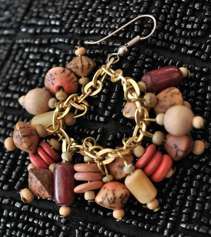 Vintage Wood Bead Seeds Cluster Dangle Earrings • Boho