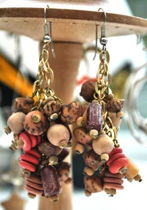 Vintage Wood Bead Seeds Cluster Dangle Earrings • Boho