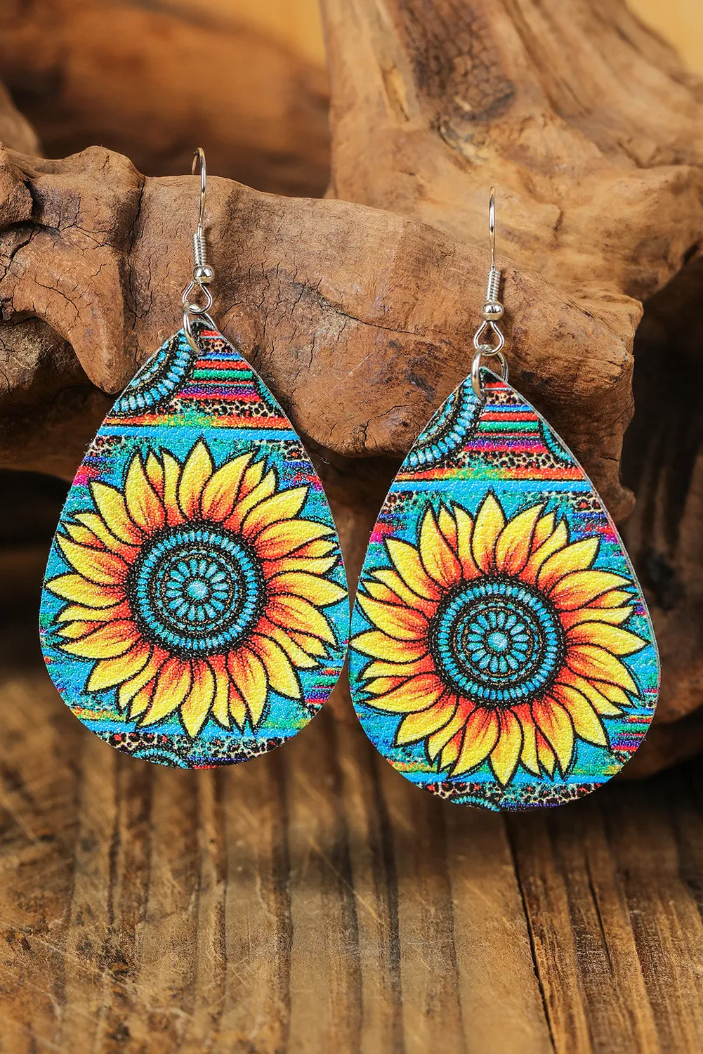 Western Fashion Turquoise Sunflower Leopard Serape Print Earrings